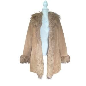 Vintage Suede Leather Penny Lane Faux Fur Trim Coat XL